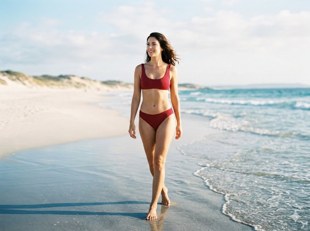 Model in a custom red bikini on the beach